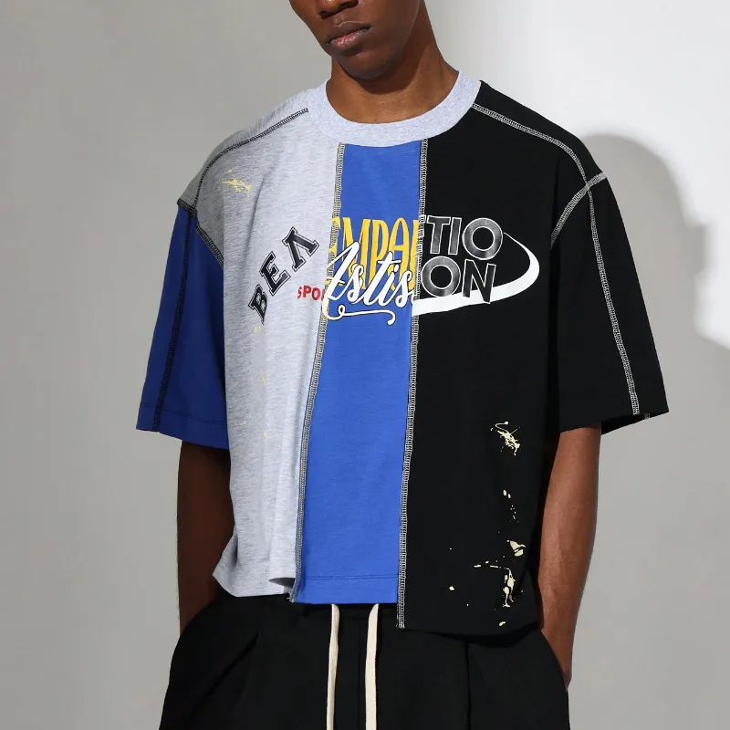 color stitching oversized men t shirt hip hop t-shirt